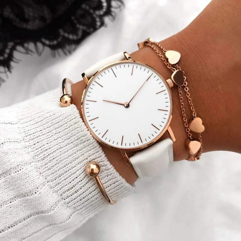 Montre élégante pour femme, simple, nouvelle collection 2023, rose et blanc, bracelet en cuir, montre-bracelet pour femme avec robe, montre féminine décontractée, idée cadeau tendance, Montre Femme