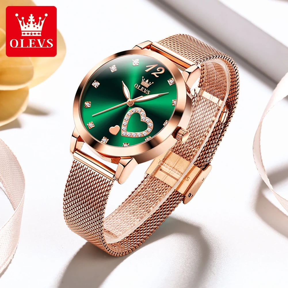 Montre pour femme OLEVS 5189, montre-bracelet à quartz, montre décontractée et tendance pour dames, étanche, lumineuse, bracelet en maille, cadran cœur, index en zircon.