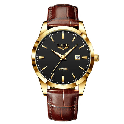 Montre Homme LIGE Nouvelle Montre de Luxe en Cuir Marron pour Homme, Montre Homme Mode Business, Montre Sport d’Extérieur Étanche à Quartz pour Homme