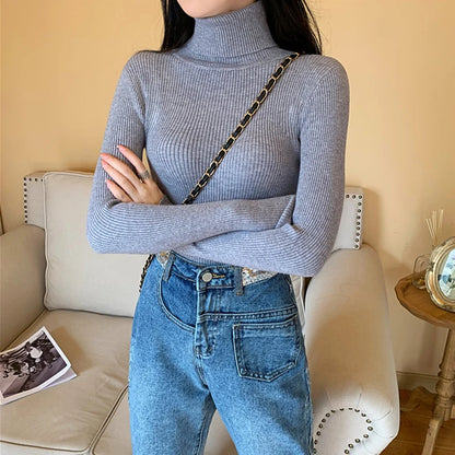 Pull femme automne-hiver 2026 à manches longues en maille, col roulé rabattable côtelé, doux et chaud, jumper pullover vêtements pour femme