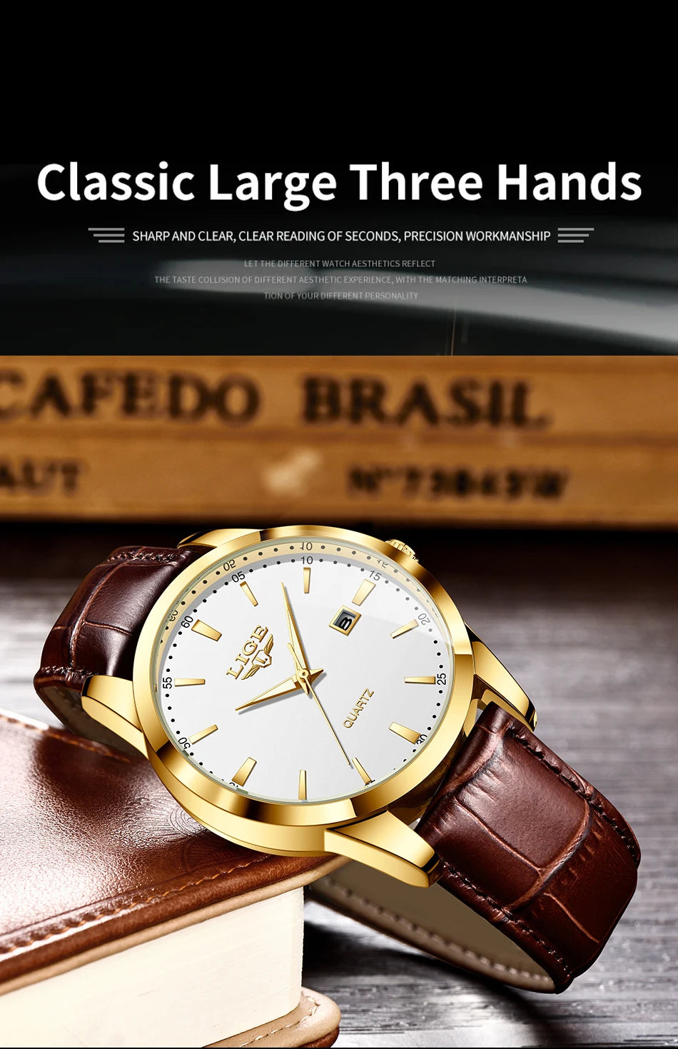Montre Homme LIGE Nouvelle Montre de Luxe en Cuir Marron pour Homme, Montre Homme Mode Business, Montre Sport d’Extérieur Étanche à Quartz pour Homme