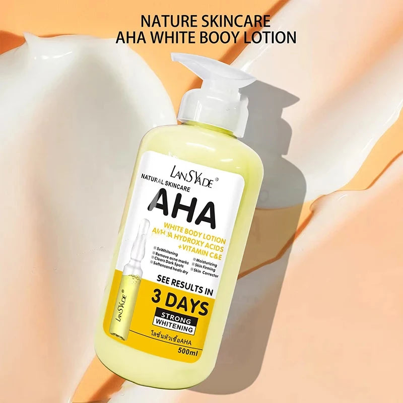 Lotion corporelle blanchissante 500 ml aux acides hydroxy AHA, vitamines C et E, lotion corporelle hydratante éclaircissante, élimine les marques d’acné, soin de la peau