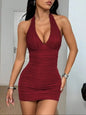 Robe mini moulante texturée sexy pour femme à col halter et col en V en bordeaux 2026 Vêtements d’été pour femme