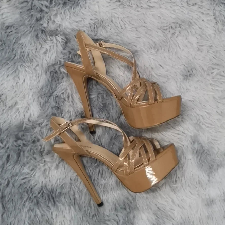 Sandales à plateforme pour femmes sexy 14 cm, défilés de mode, bout ouvert, talons hauts, stilettos à motif serpent, bride à la cheville, chaussures de soirée style gladiateur