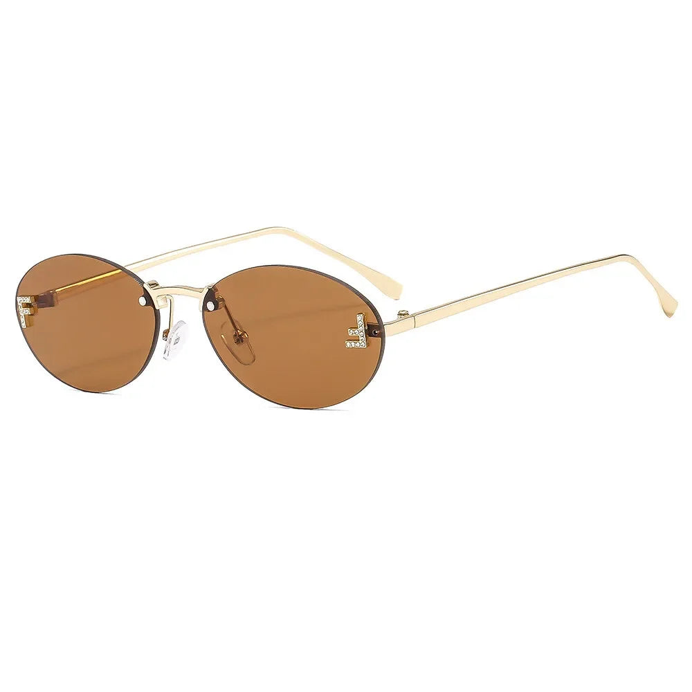 Lunettes de soleil de créateur de marque de luxe sans monture pour femmes, ovales rétro de petite taille, monture métallique, lunettes de soleil pour extérieur, style décontracté vacances, UV400 #300371