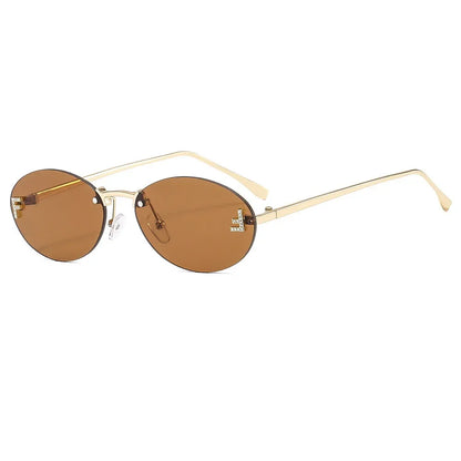 Lunettes de soleil de créateur de marque de luxe sans monture pour femmes, ovales rétro de petite taille, monture métallique, lunettes de soleil pour extérieur, style décontracté vacances, UV400 #300371