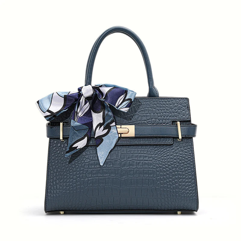 Sac à main pour femme en cuir véritable de vachette, convertible en port bandoulière et épaule, avec foulard en soie, sac fourre-tout à motif crocodile