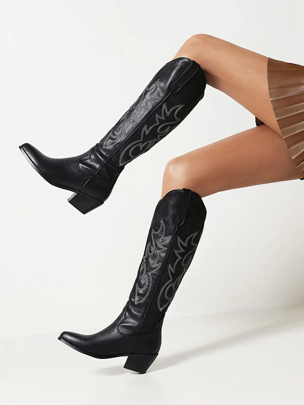 Bottes de chevalier à bout pointu pour femmes en cuir PU marron, bottes hautes jusqu’au genou pour femme, style western cowboy automne-hiver, longues bottes mujer 2024