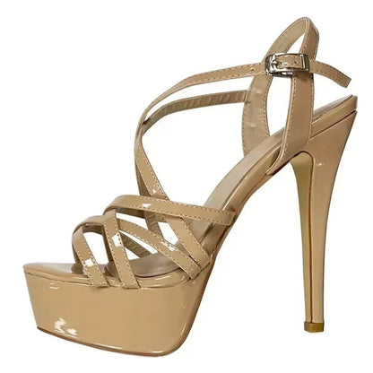 Sandales à plateforme pour femmes sexy 14 cm, défilés de mode, bout ouvert, talons hauts, stilettos à motif serpent, bride à la cheville, chaussures de soirée style gladiateur