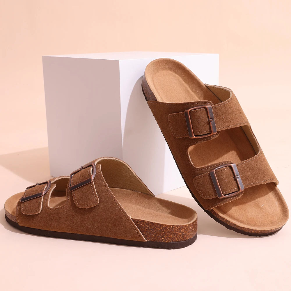 Smile Pop Classic Arizoan Hommes Chaussons en daim Hommes Sabots Sandales en daim de vache d’extérieur antidérapantes avec brides à boucles réglables