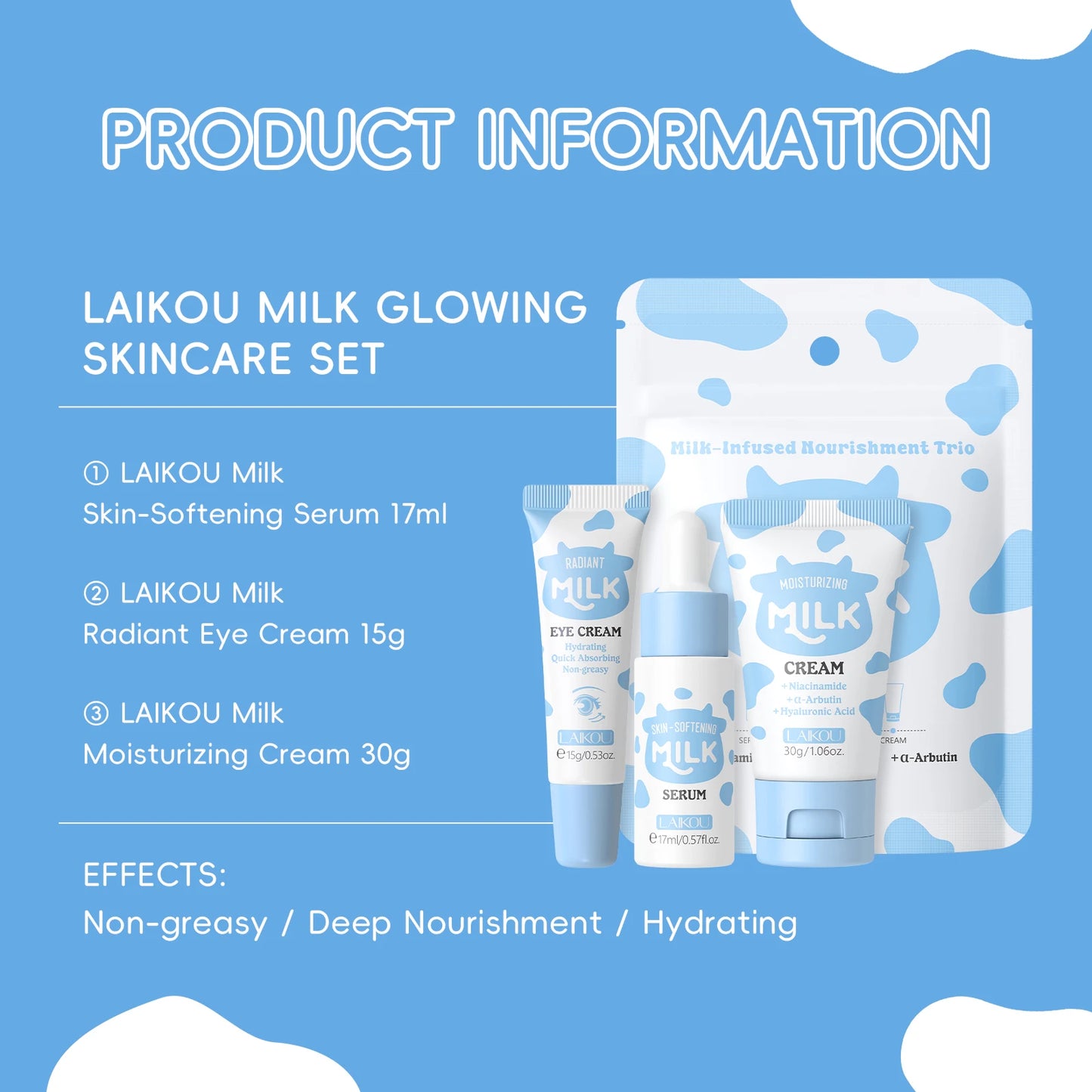 Coffret Trio Éclat au Lait LAIKOU – Kit de Nutrition Profonde, Soin Hydratant Non Gras avec Sérum, Crème Contour des Yeux et Crème Hydratante, Coffret Cadeau