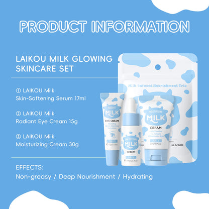 Coffret Trio Éclat au Lait LAIKOU – Kit de Nutrition Profonde, Soin Hydratant Non Gras avec Sérum, Crème Contour des Yeux et Crème Hydratante, Coffret Cadeau