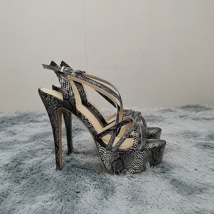 Sandales à plateforme pour femmes sexy 14 cm, défilés de mode, bout ouvert, talons hauts, stilettos à motif serpent, bride à la cheville, chaussures de soirée style gladiateur