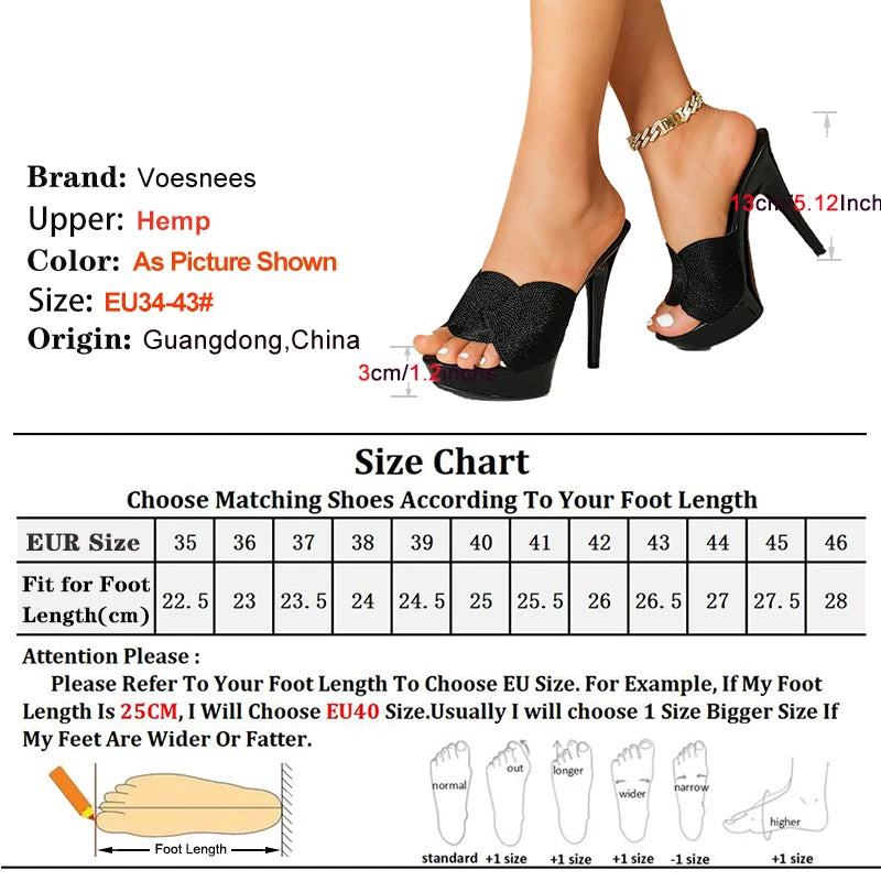 Nouvelles mules fines à talons hauts, mode créateur, en chanvre, talons de 13 cm, été, grande taille, chaussures à enfiler pour femmes, sandales à plateforme épaisse