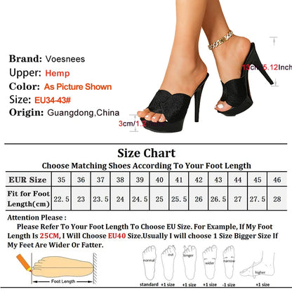 Nouvelles mules fines à talons hauts, mode créateur, en chanvre, talons de 13 cm, été, grande taille, chaussures à enfiler pour femmes, sandales à plateforme épaisse