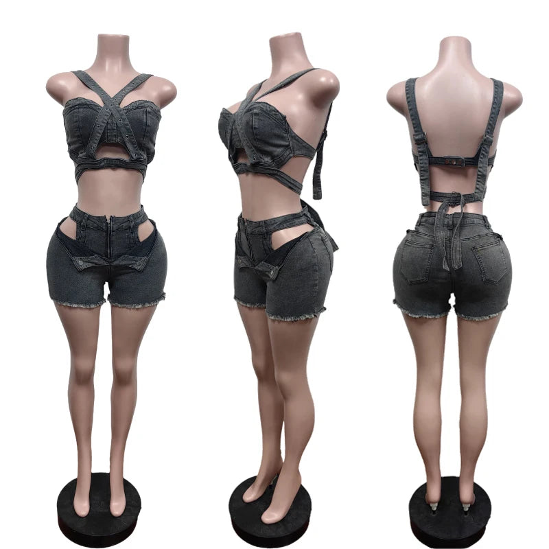 Ensemble short en jean sexy pour femmes, haut court en denim à bretelles et short découpé, vêtements d’été 2025, streetwear, tenue de club deux pièces