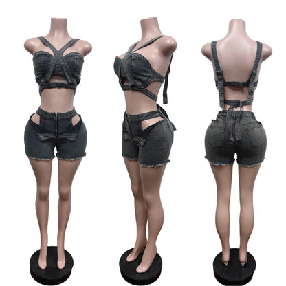 Ensemble short en jean sexy pour femmes, haut court en denim à bretelles et short découpé, vêtements d’été 2025, streetwear, tenue de club deux pièces