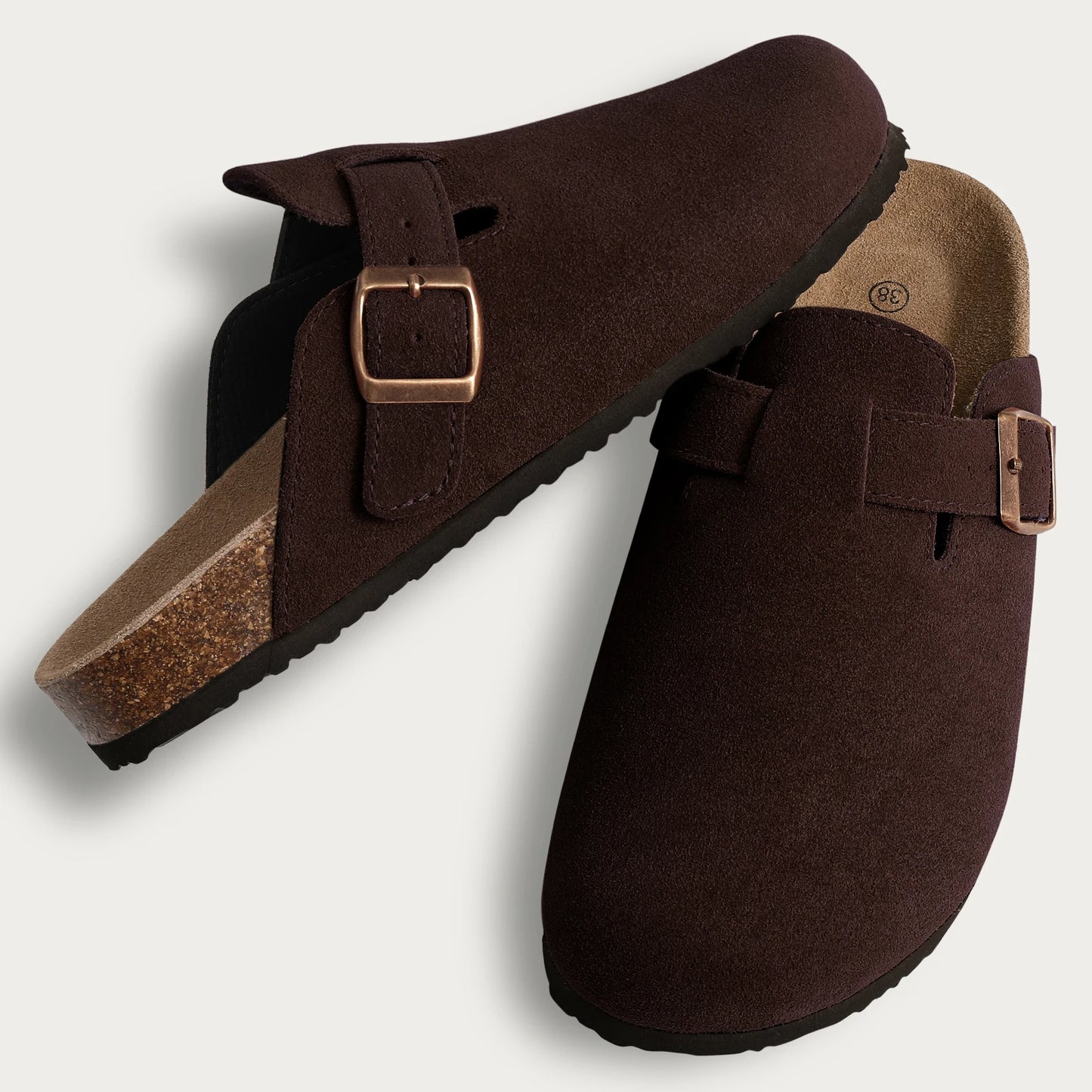 Litfun Nouveaux sabots pour femmes, mules en suède de liège tendance pour femmes, chaussons classiques en liège antidérapants pour l’extérieur avec soutien de la voûte plantaire