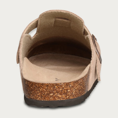 Litfun Nouveaux sabots pour femmes, mules en suède de liège tendance pour femmes, chaussons classiques en liège antidérapants pour l’extérieur avec soutien de la voûte plantaire