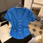 T-shirt tricoté pour femmes uni à volants printemps été col en V élégant vêtements pour femmes à simple boutonnage t-shirts adorables