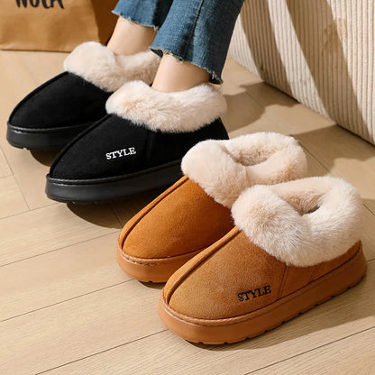 Pantoufles moelleuses pour femmes et hommes, chaussures d’intérieur d’hiver doublées en peluche, semelle épaisse antidérapante, bottes de neige chaudes, chaussures en coton duveteuses pour la maison