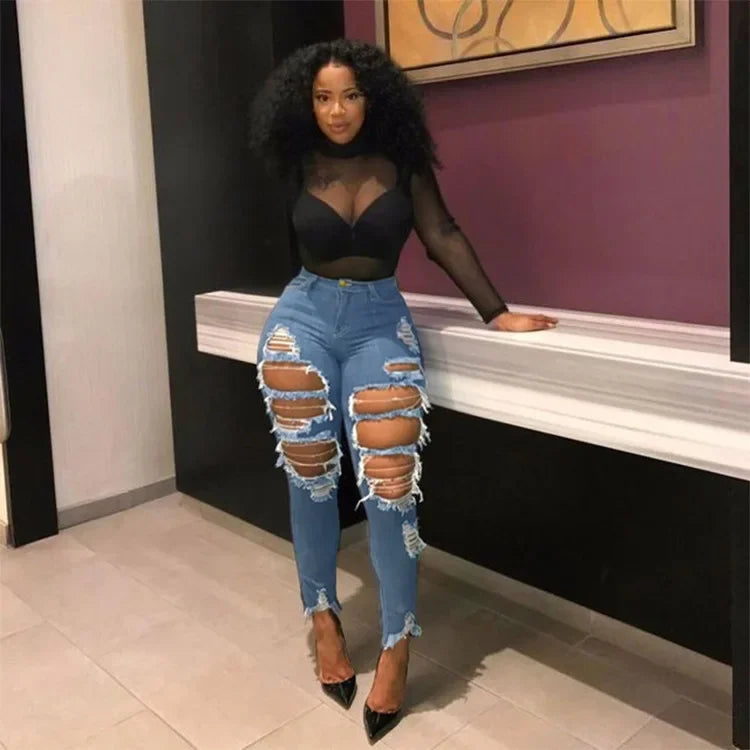 Jeans à trous pour femmes, pantalon crayon en denim, streetwear délavé, skinny extensible, taille haute, effet usé et déchiré, pantalon longueur cheville 2025