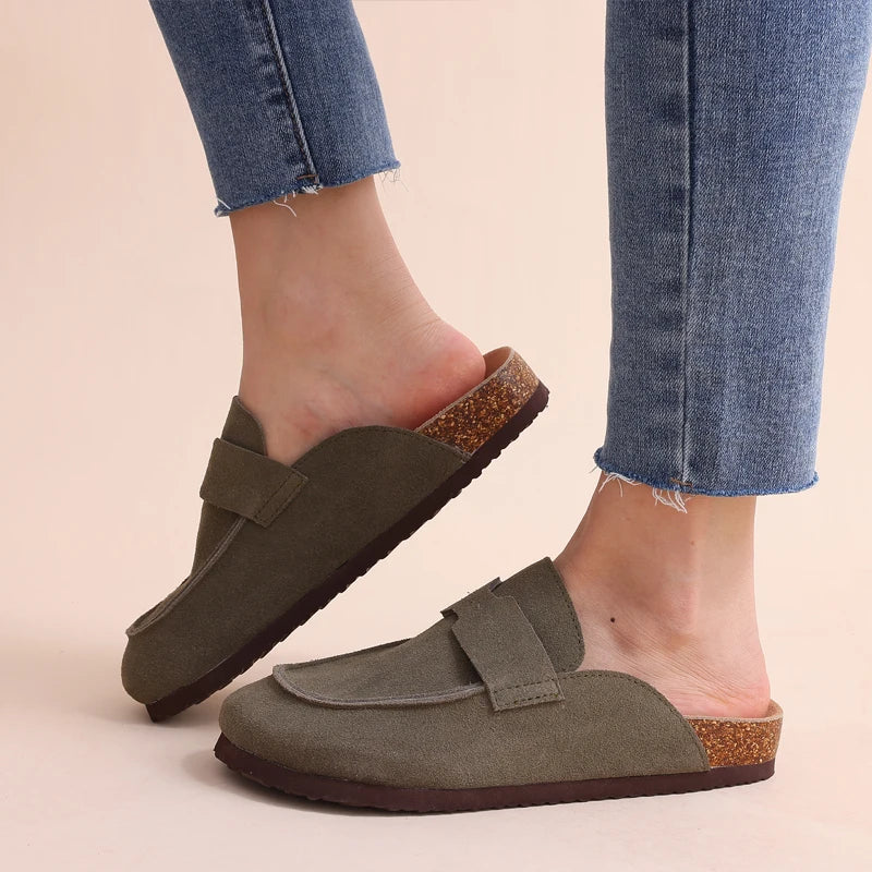 Litfun Nouveaux sabots pour femmes, mules en suède de liège tendance pour femmes, chaussons classiques en liège antidérapants pour l’extérieur avec soutien de la voûte plantaire