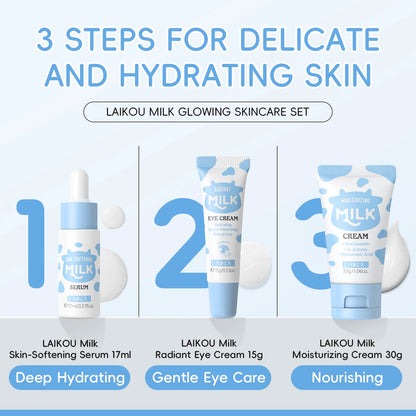 Coffret Trio Éclat au Lait LAIKOU – Kit de Nutrition Profonde, Soin Hydratant Non Gras avec Sérum, Crème Contour des Yeux et Crème Hydratante, Coffret Cadeau