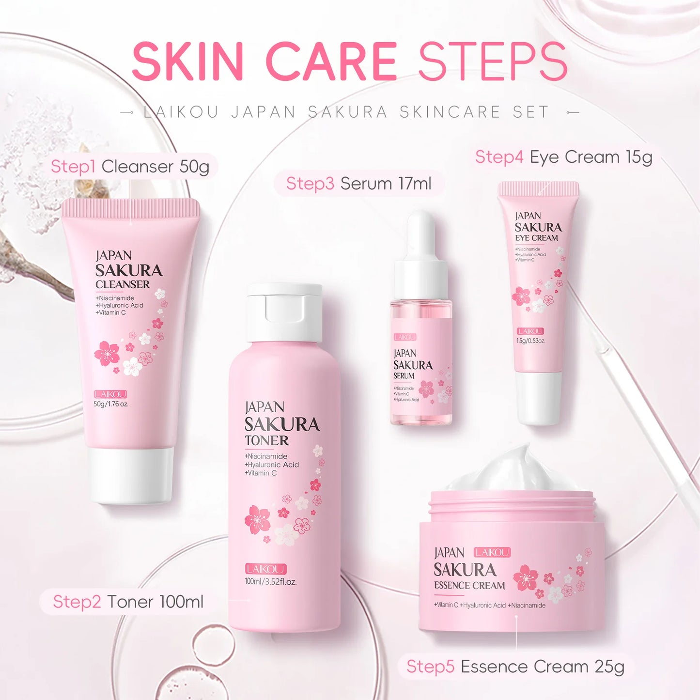 Ensemble de soins de la peau LAIKOU Sakura Kit hydratant et réduisant les ridules, produit nettoyant pour les pores, coffret de 5 pièces, cadeau de la Journée des femmes coréennes