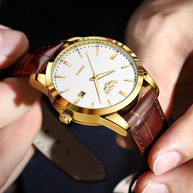 Montre Homme LIGE Nouvelle Montre de Luxe en Cuir Marron pour Homme, Montre Homme Mode Business, Montre Sport d’Extérieur Étanche à Quartz pour Homme