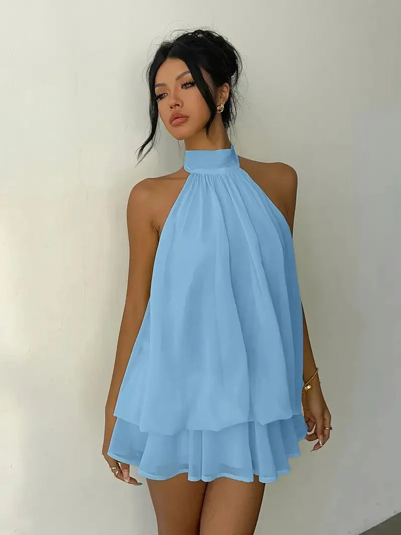 Robe à encolure licou pour femme, dos nu, en chiffon transparent à nouer sur le devant, mini-jupe, robe de fête tendance, sexy, Y2K, vintage, mignonne pour anniversaire