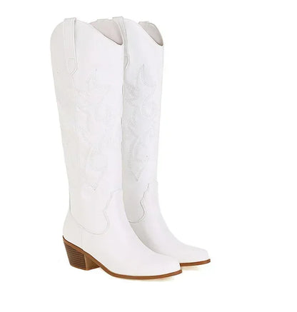 Bottes de chevalier à bout pointu pour femmes en cuir PU marron, bottes hautes jusqu’au genou pour femme, style western cowboy automne-hiver, longues bottes mujer 2024