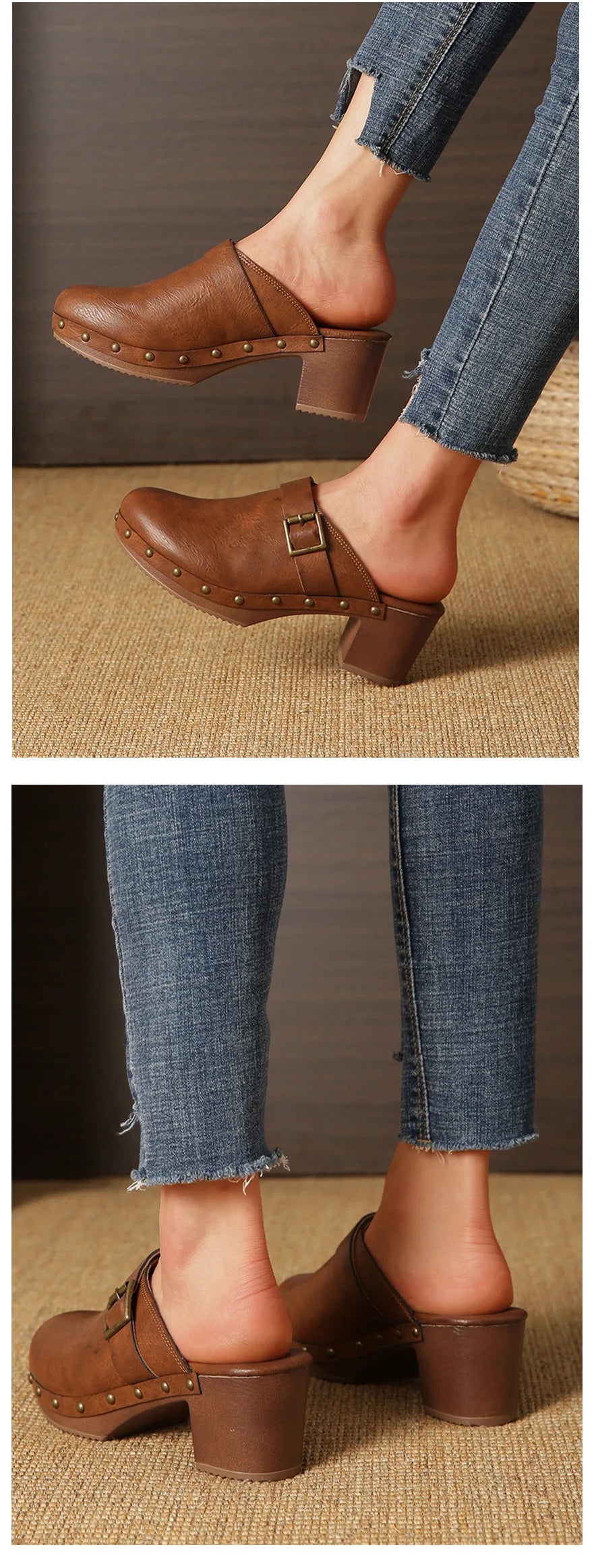 Mules à rivets pour femmes, boucle de ceinture, sandales à bout rond fermé, talons hauts épais, chaussures en cuir pour femme, rétro et décontractées