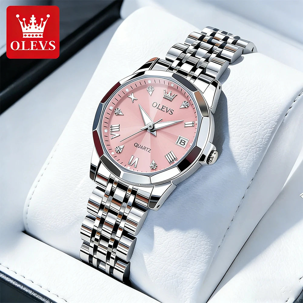 Montres pour femmes OLEVS élégantes et luxueuses avec bracelet en acier inoxydable, montre-bracelet à quartz originale pour homme, étanche, lumineuse, avec date, tendance habillée