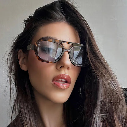 Lunettes de soleil rétro à double pont pour femmes, grande monture léopard dégradé thé, lunettes tendance de luxe de créateur, lunettes de soleil pour hommes