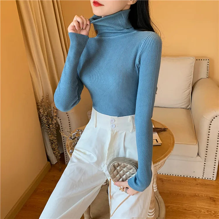 Pull femme automne-hiver 2026 à manches longues en maille, col roulé rabattable côtelé, doux et chaud, jumper pullover vêtements pour femme