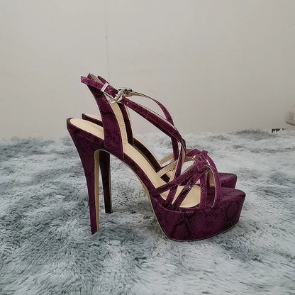 Sandales à plateforme pour femmes sexy 14 cm, défilés de mode, bout ouvert, talons hauts, stilettos à motif serpent, bride à la cheville, chaussures de soirée style gladiateur