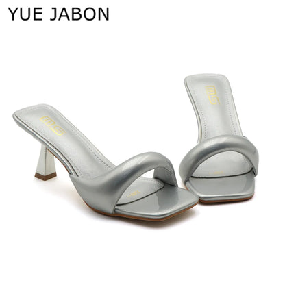 Nouvelles pantoufles pour femmes, sexy, en cuir, à bride arrière, talons aiguilles style romain, élégantes, talon original, bout carré, satinées, à enfiler, chaussures femme Zapatillas