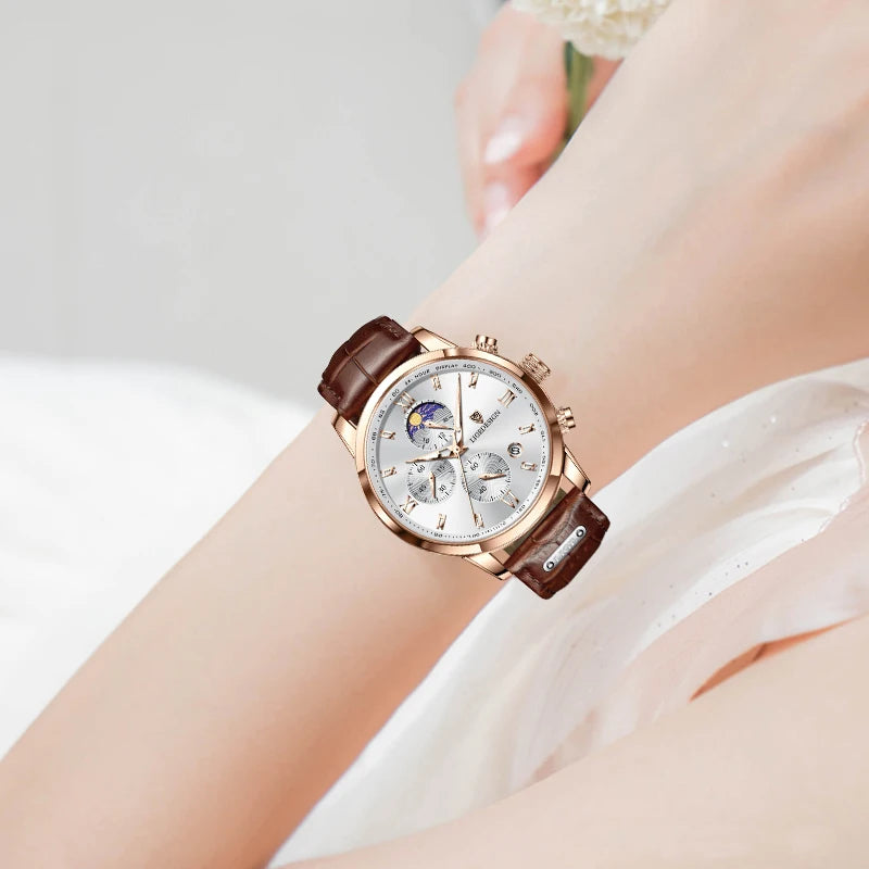 Montre-bracelet de luxe pour femme LIGE, bracelet en cuir, étanche, décontractée et sportive, à quartz, avec affichage 24 heures et phase de lune.