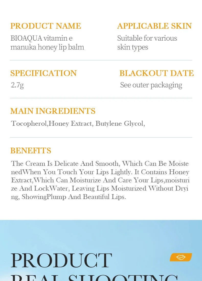 BIOAOUA Baume à lèvres au miel et à la vitamine E hydratant, anti-gerçures, nourrissant, rouge à lèvres, produits de soin pour les lèvres et la peau