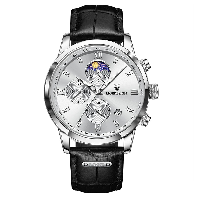 Montre-bracelet de luxe pour femme LIGE, bracelet en cuir, étanche, décontractée et sportive, à quartz, avec affichage 24 heures et phase de lune.
