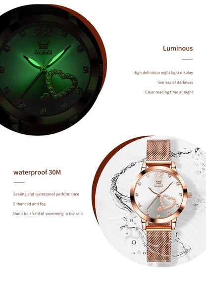 Montre pour femme OLEVS 5189, montre-bracelet à quartz, montre décontractée et tendance pour dames, étanche, lumineuse, bracelet en maille, cadran cœur, index en zircon.