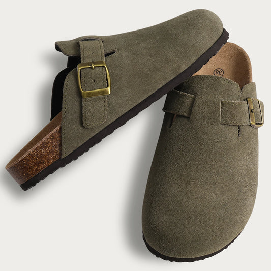 Mules en daim pour femmes Comwarm Fashion, pantoufles, sabots pour hommes, sandales à semelle intérieure en liège avec soutien de la voûte plantaire, claquettes d’extérieur pour la plage, chaussures d’intérieur