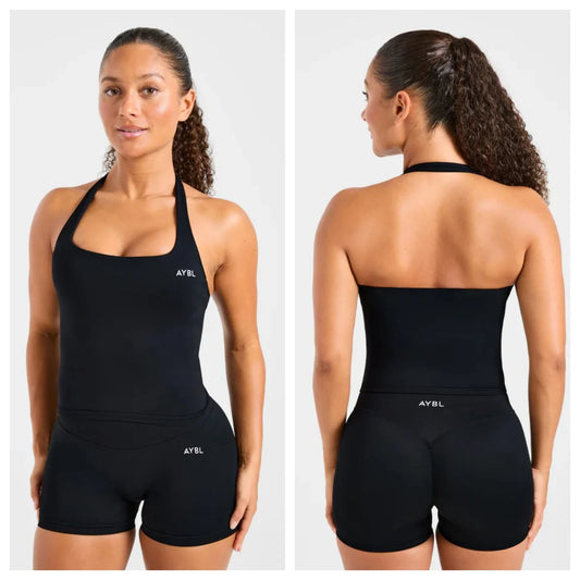 Ensemble de vêtements de sport sans coutures, mode améliorée : haut à col licou, brassières de sport de yoga, shorts de gym effet scrunch pour les fesses, leggings de fitness extensibles type cycliste pour femmes