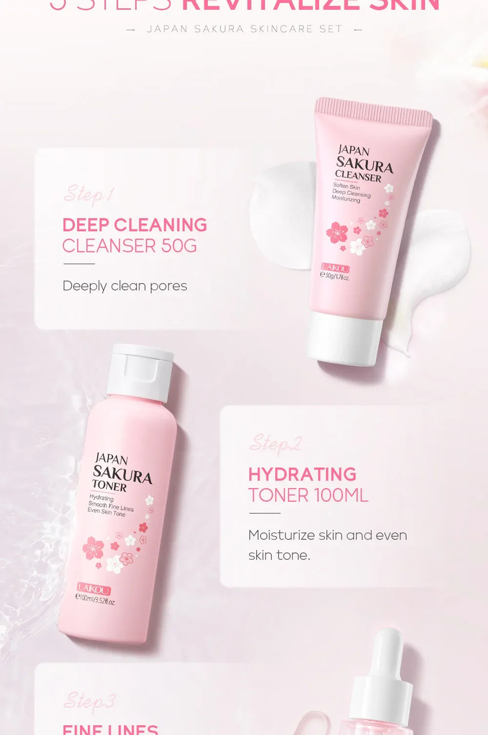 Ensemble de soins de la peau LAIKOU Sakura Kit hydratant et réduisant les ridules, produit nettoyant pour les pores, coffret de 5 pièces, cadeau de la Journée des femmes coréennes