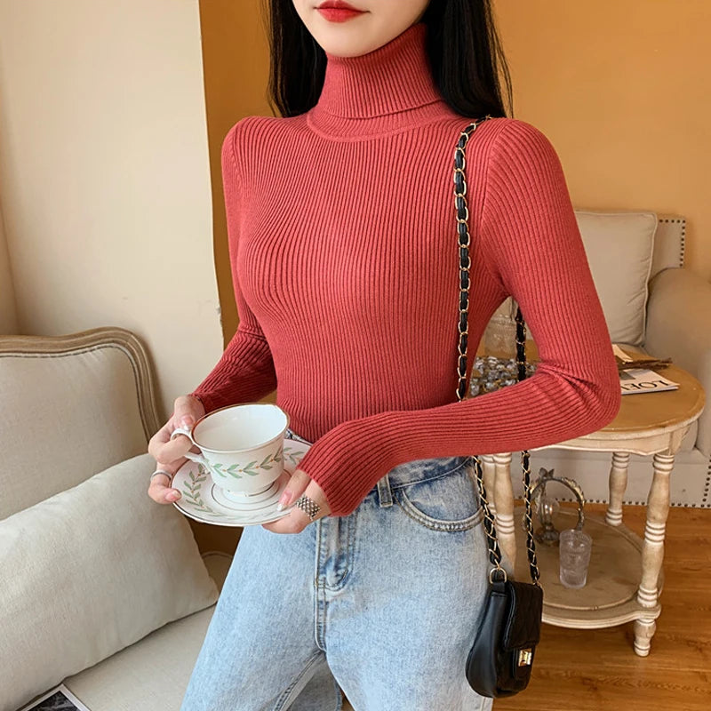 Pull femme automne-hiver 2026 à manches longues en maille, col roulé rabattable côtelé, doux et chaud, jumper pullover vêtements pour femme