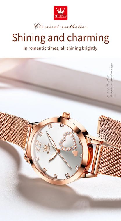 Montre pour femme OLEVS 5189, montre-bracelet à quartz, montre décontractée et tendance pour dames, étanche, lumineuse, bracelet en maille, cadran cœur, index en zircon.