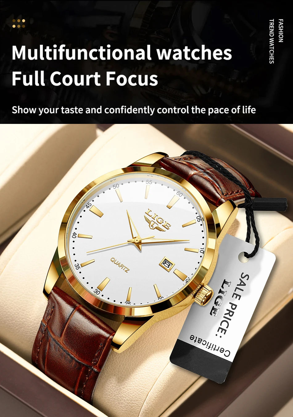 Montre Homme LIGE Nouvelle Montre de Luxe en Cuir Marron pour Homme, Montre Homme Mode Business, Montre Sport d’Extérieur Étanche à Quartz pour Homme
