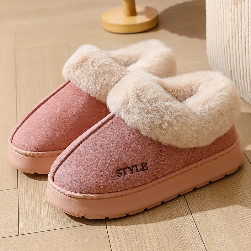 Pantoufles moelleuses pour femmes et hommes, chaussures d’intérieur d’hiver doublées en peluche, semelle épaisse antidérapante, bottes de neige chaudes, chaussures en coton duveteuses pour la maison