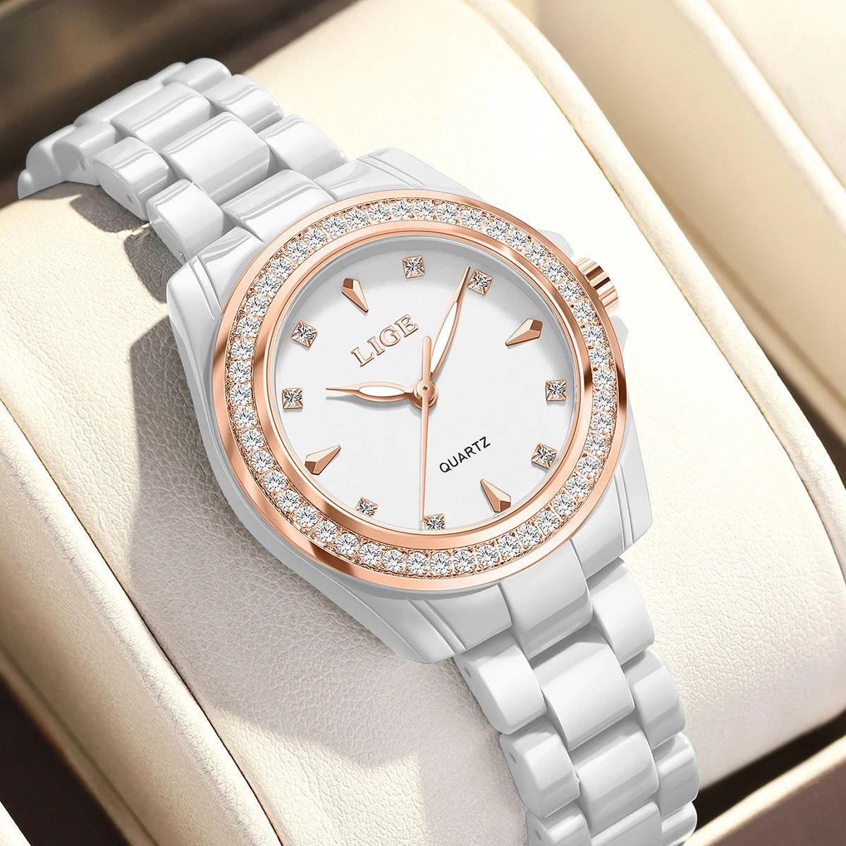 Montre pour femme LIGE 2026 nouvelle montre élégante en céramique à quartz, montre tendance étanche avec affichage lumineux, montre-bracelet pour femme + BOÎTE